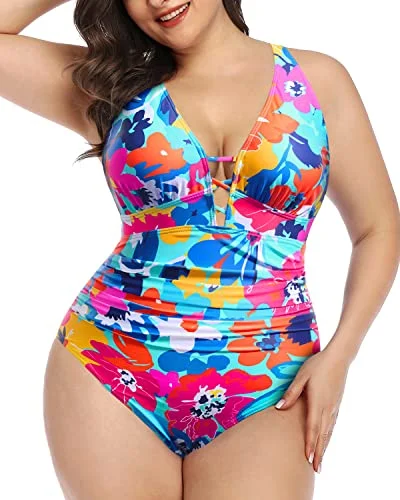 Lace-Up Plunge V Neck Plus Size Women's One Piece Swimwear