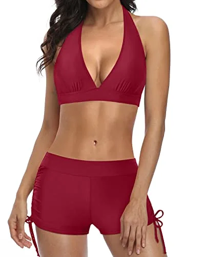 Elastic Two Piece Swimsuit With Push Up Bikini And Boyshort-Red