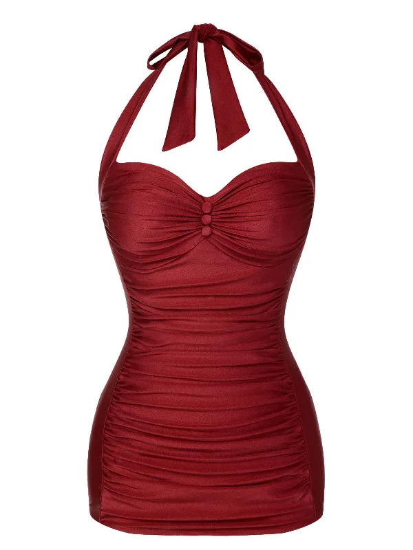 Red 1950s Solid Gathered Halter Swimsuit