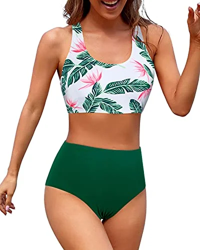 Crop Top High Waisted Two Piece Bikini Sports Crop Top Swimsuit For Teen Girls-Green Tropical Floral