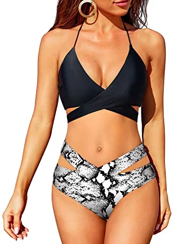 High Leg Criss Cross Bikini High Waisted Push Up Swimsuit-Black And White Snake Print