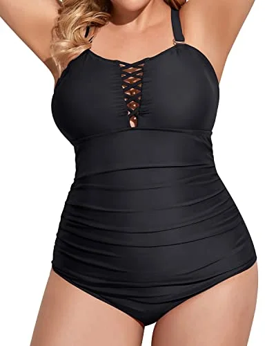 Vintage Plus Size Deep V Neck One Piece Swimsuit Lace Up Swimwear-Black