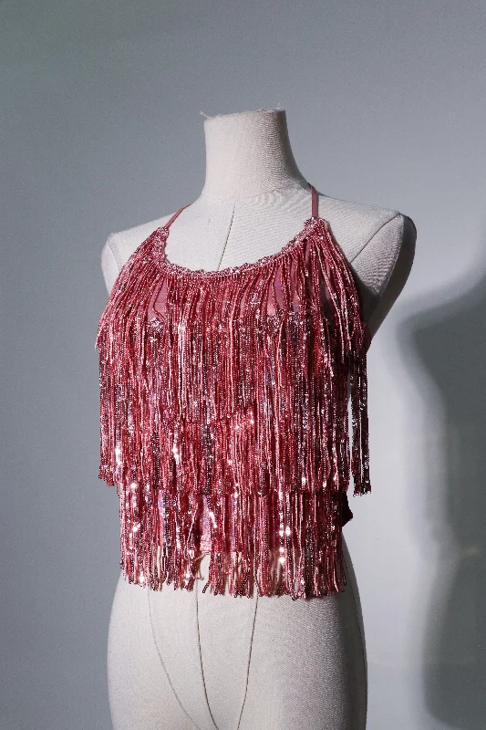 Pink rose shimmery fringe trim backless