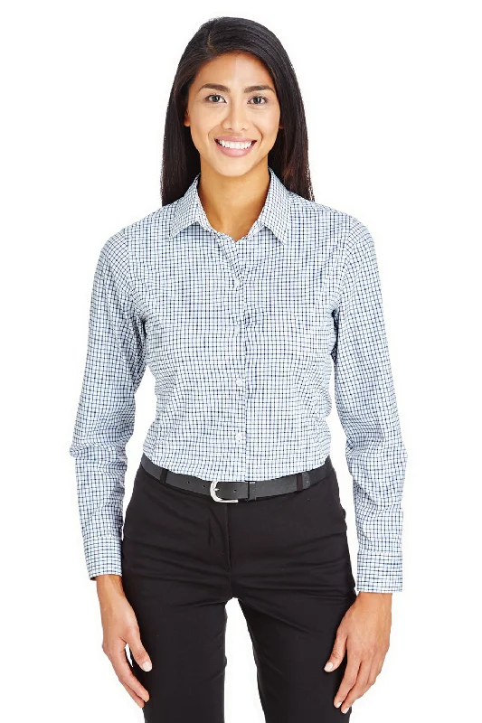 Devon & Jones Womens CrownLux Performance Moisture Wicking Long Sleeve Button Down Shirt - Navy Blue/White