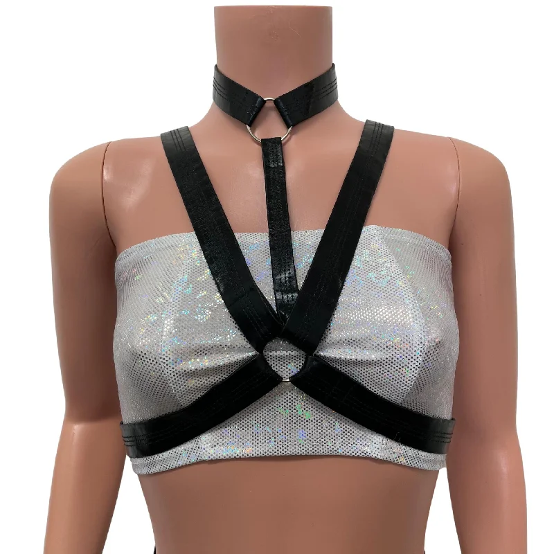 Cage Bra Harness Top in Black Metallic Faux Leather | Rave Body Chest Harness w/ Choker