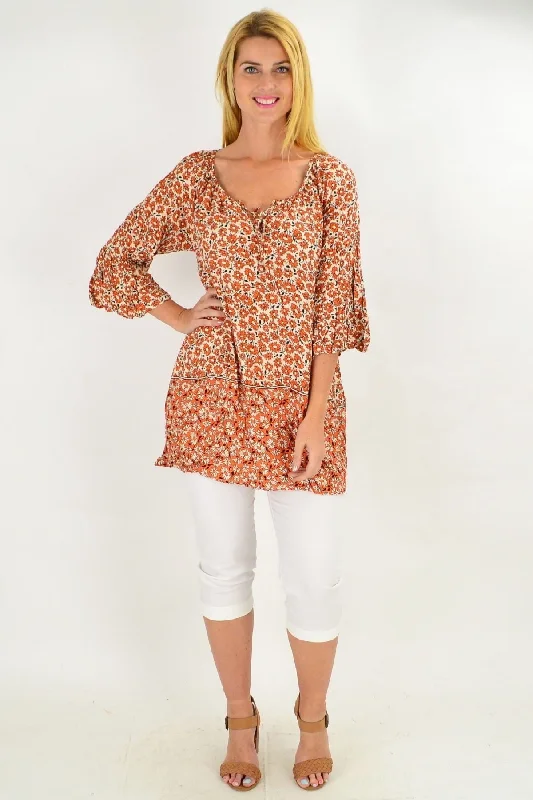 Fresh Orange Flower Crinkle Tunic Top