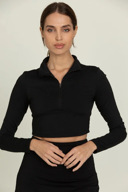 Black Athletic Half-Zip Crop Top