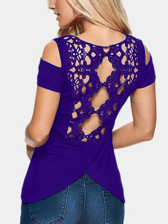 Custom Round Neck Cold Shoulder Lace Short Sleeve T-Shirts