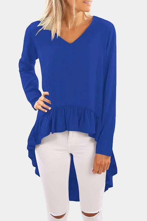 Custom V-Neck Long Sleeve Irregular Flounced Hem Top