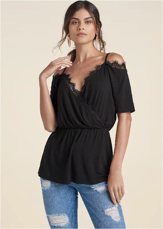 Cold-Shoulder Lace Top - Black