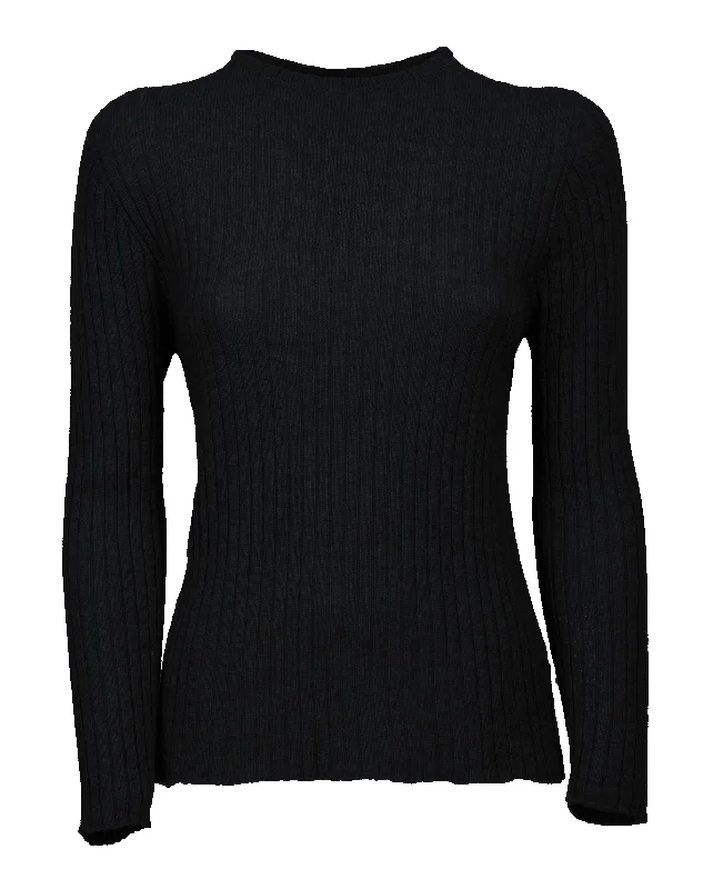 NEW FALL 24 - Women's Cashmere Vertical Rib Crew Neck Sweater Black by Monticelli Cashmere