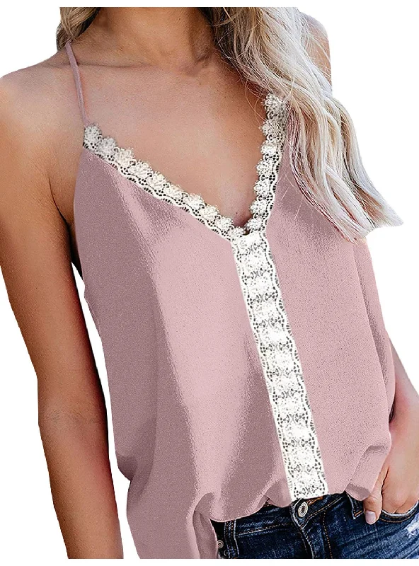 Contrast V-neck Lace Sleeveless Suspender T-shirt