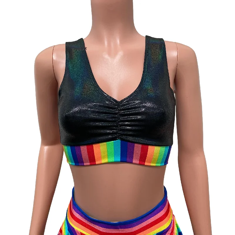 Rainbow Stripe/Black Holo Scrunch Top Bralette Pride Clothing