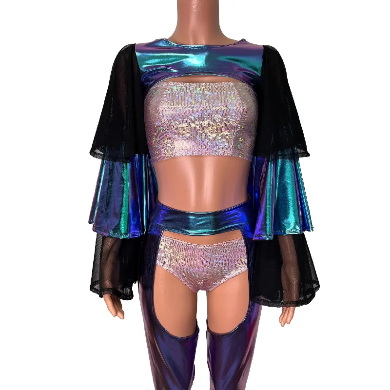 Ruffle Sleeve Bolero Top - Oil Slick and Black Mesh