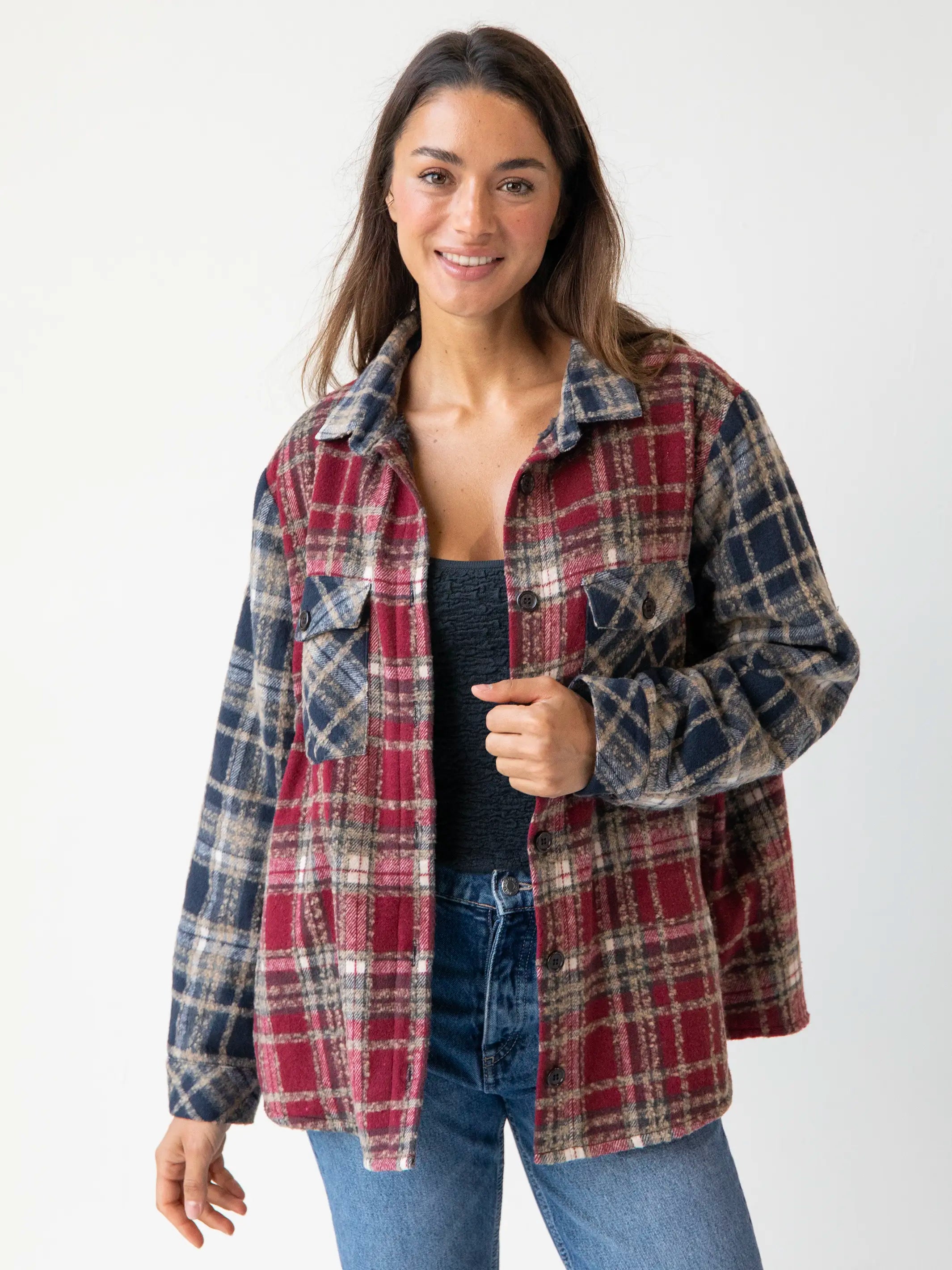 Warm & Cozy Shacket - Cranberry Navy Mixed Plaid