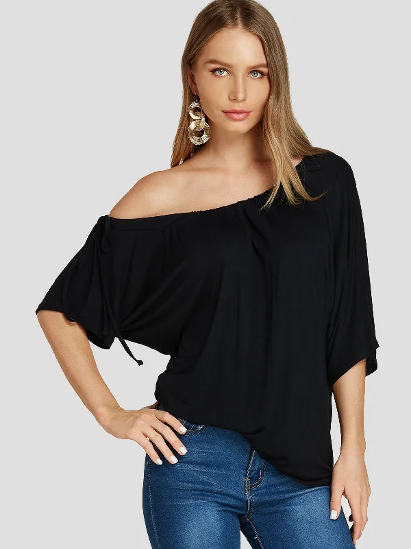 Custom One Shoulder Short Sleeve Black Top