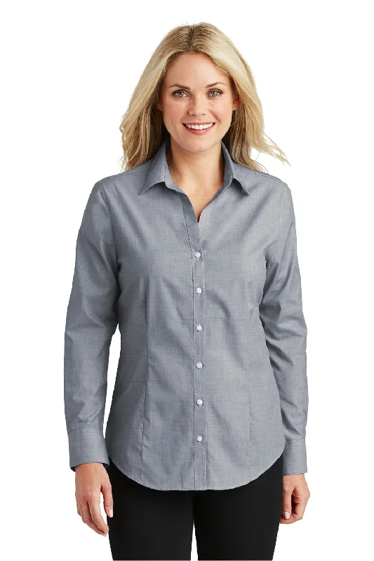 Port Authority Womens Easy Care Wrinkle Resistant Long Sleeve Button Down Shirt - Navy Blue Frost - Closeout