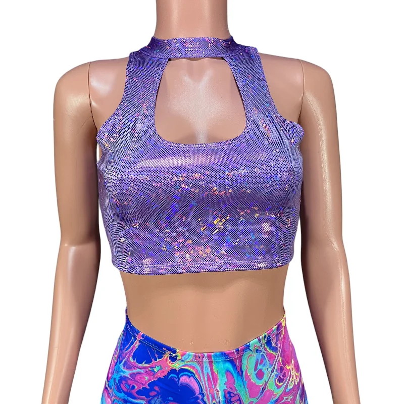 Lavender Shattered Glass Holographic High Neck Unisex Men/Women Cutout Top Shirt