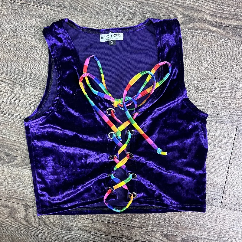 SALE - SMALL - Lace-Up Crop Top - Purple Crushed Velvet & Rainbow