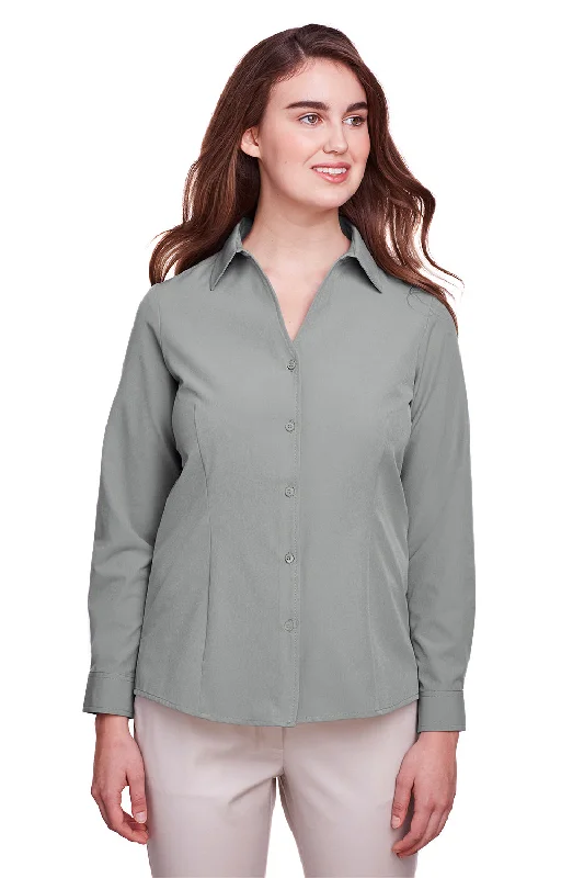 UltraClub Womens Bradley Performance Moisture Wicking Long Sleeve Button Down Shirt - Silver Grey - Closeout