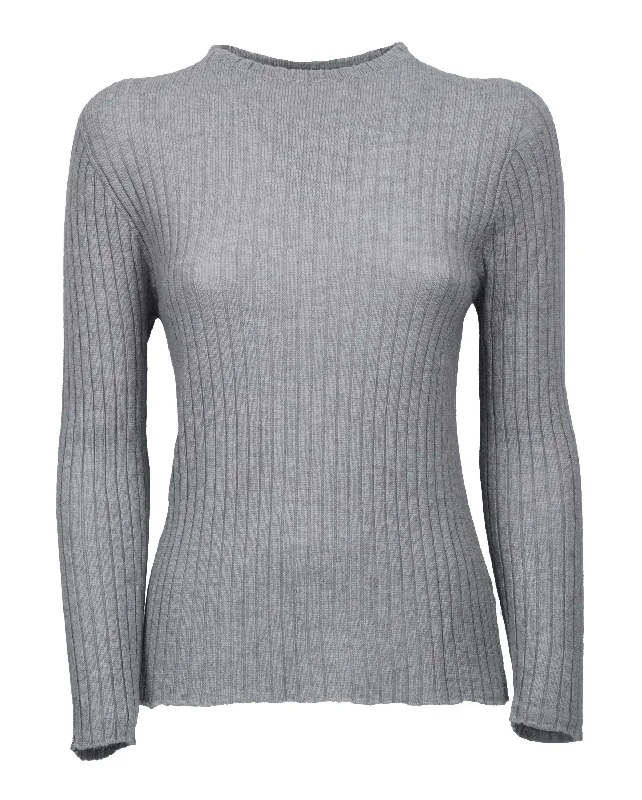 NEW FALL 24 - Women's Cashmere Vertical Rib Crew Neck Sweater Melange Gray by Monticelli Cashmere