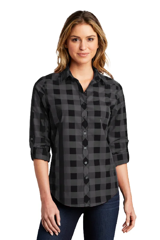 Port Authority Womens Everyday Plaid Long Sleeve Button Down Shirt - Black