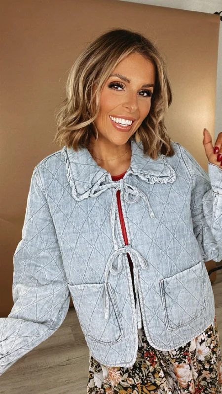 Rare Occasion Ruffle Collar Quilted Denim Jacket