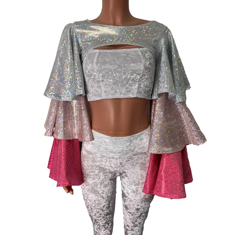 Ruffle Sleeve Bolero Top - Pink Shattered Glass Holographic Tiers