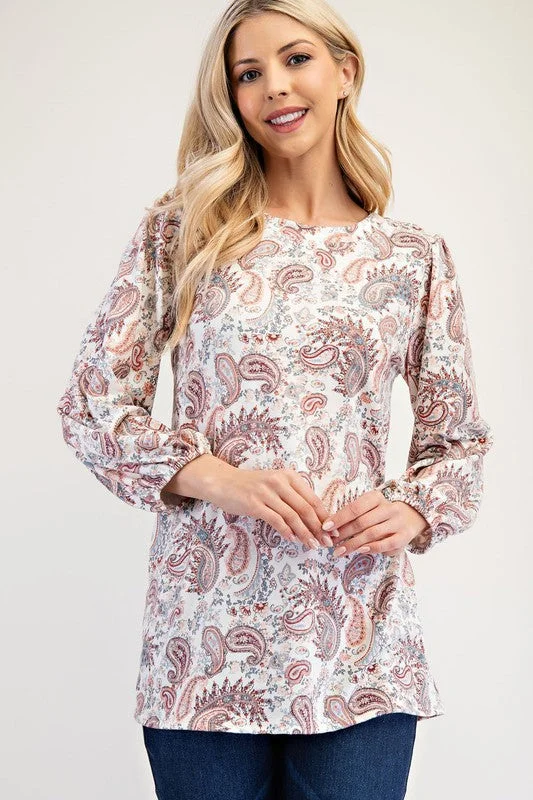 Celeste Full Size Paisley Round Neck Balloon Sleeve Top