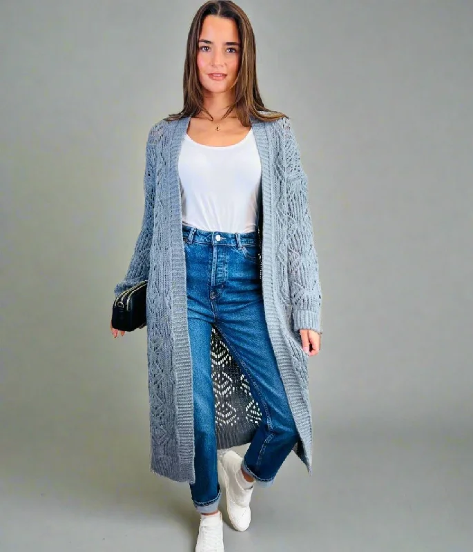 Grey Crochet Knit Longline Cardigan