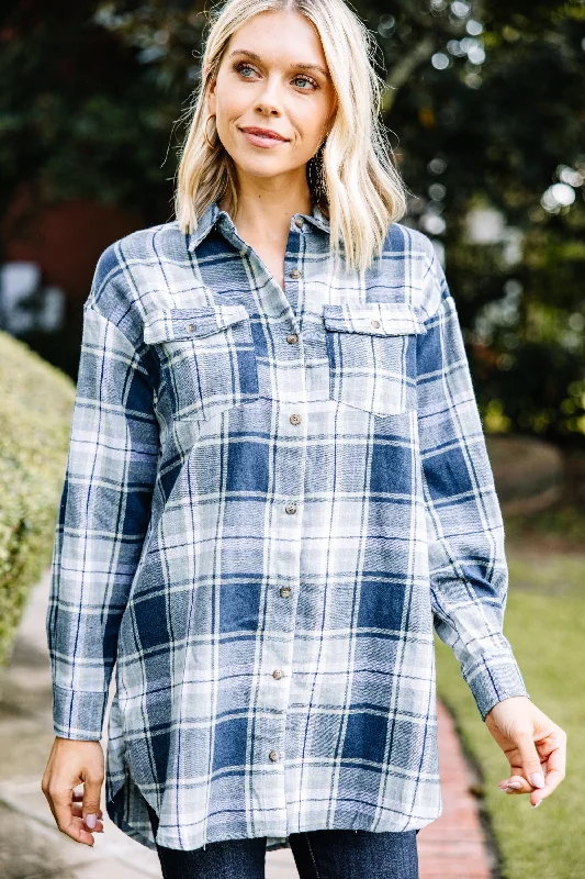 Simple Solutions Navy Blue Plaid Button Down Top