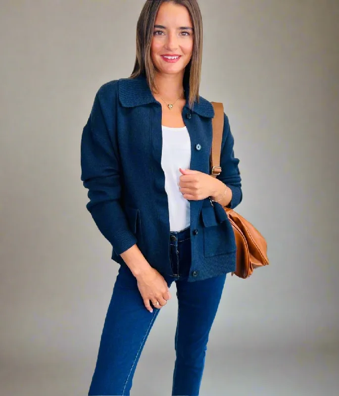 Navy Ribbed Collar Cardigan