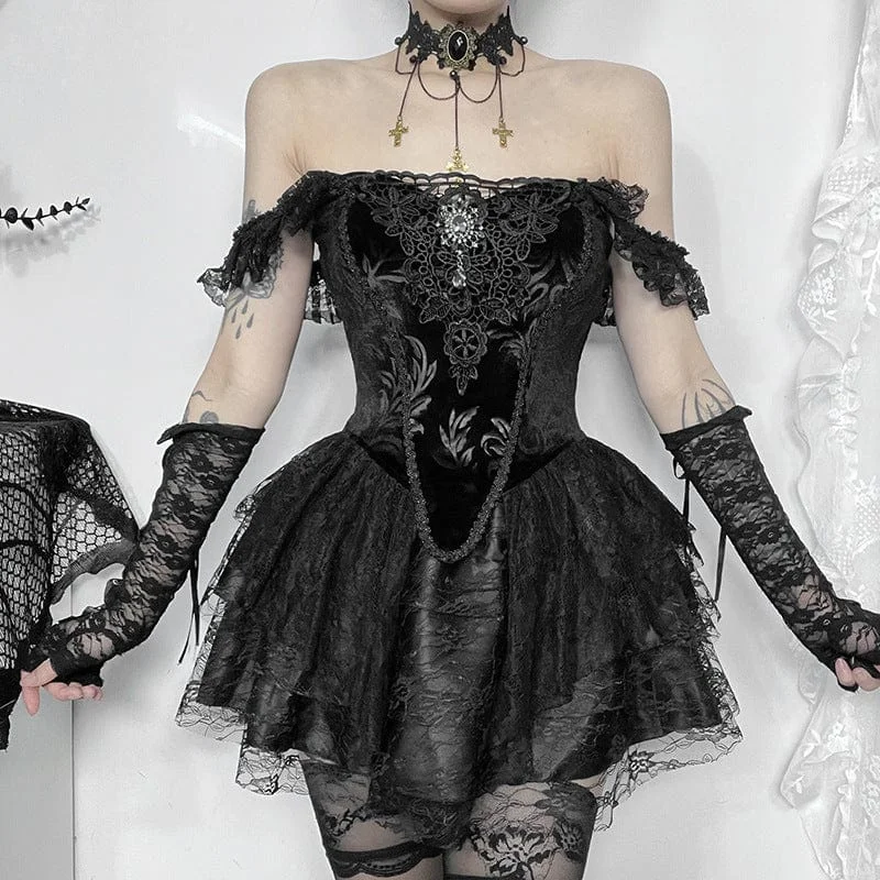 Women's Gothic Ruffled Lace Splice Velvet Vest