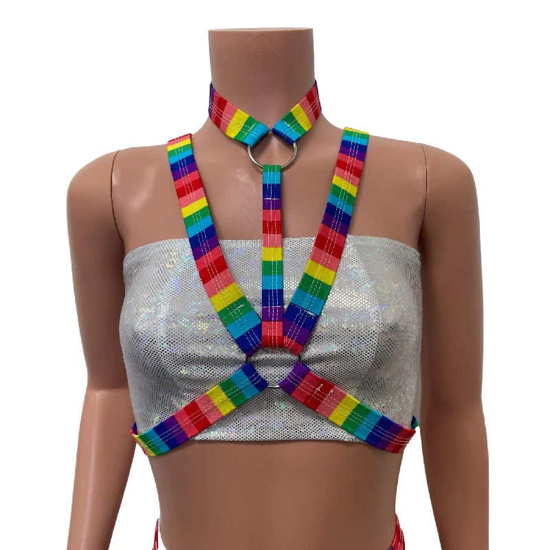 Cage Bra Harness Top in Rainbow Stripe Pride | Rave Body Chest Harness w/ Choker