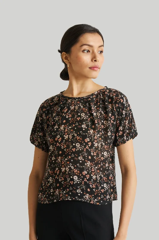 Balloon Sleeve Top in Black Florals