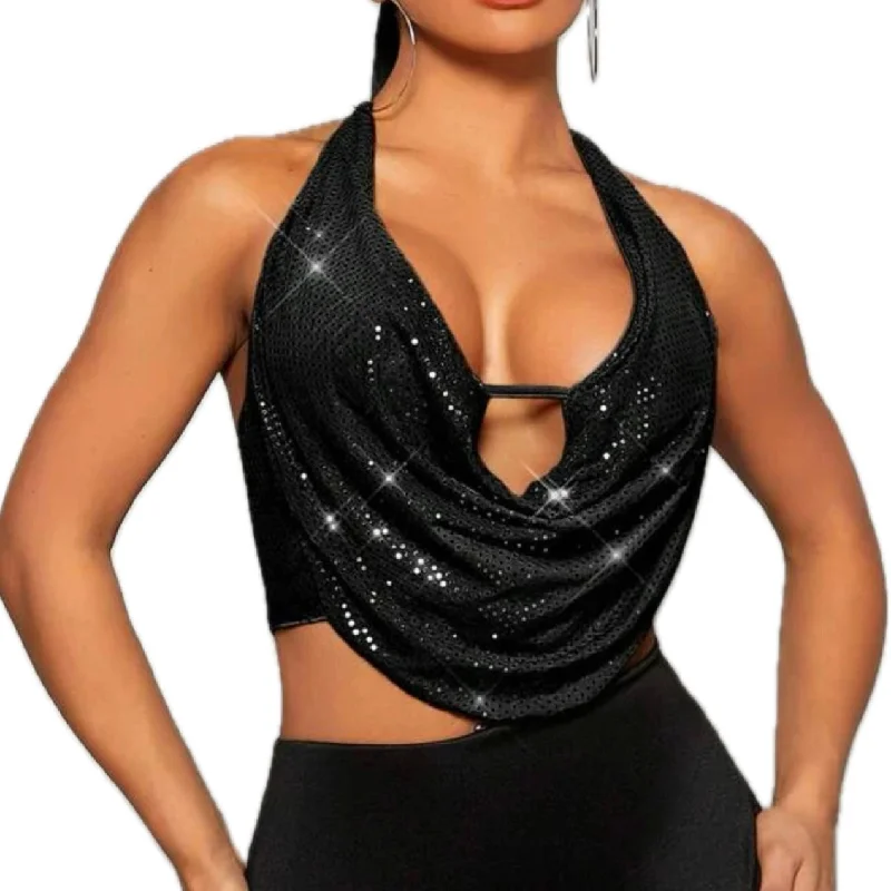 Sexy Draped Black Sparkly Top