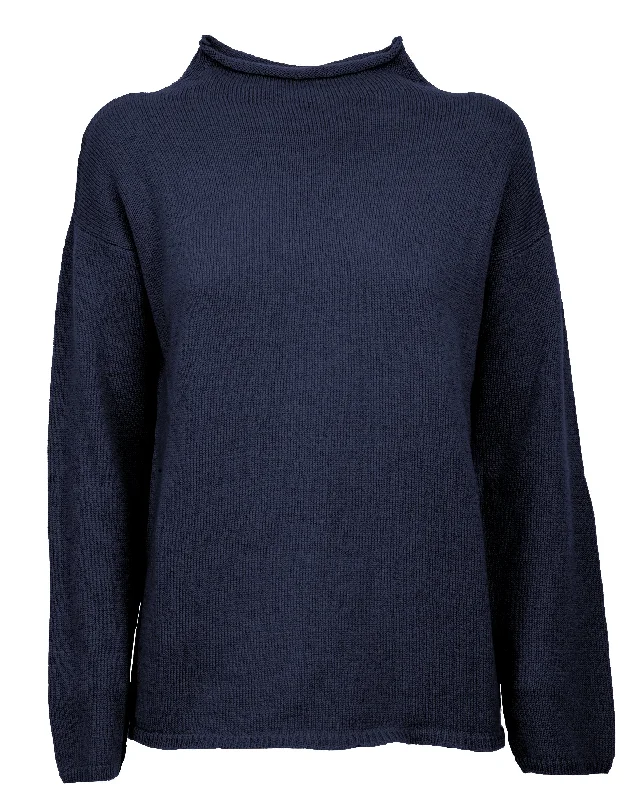 NEW FALL 24 - Women's Woold & Cashmere Wide Funnel Neck Sweater Night Blue by Monticelli Cashmere