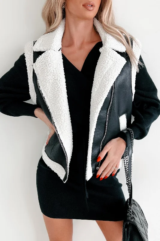 Montana Babe Sherpa Trim Faux Leather Vest (Black)