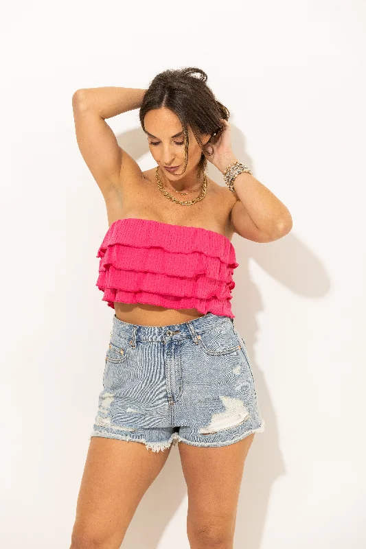 Pretty Please Ruffled Strapless Top: Pink