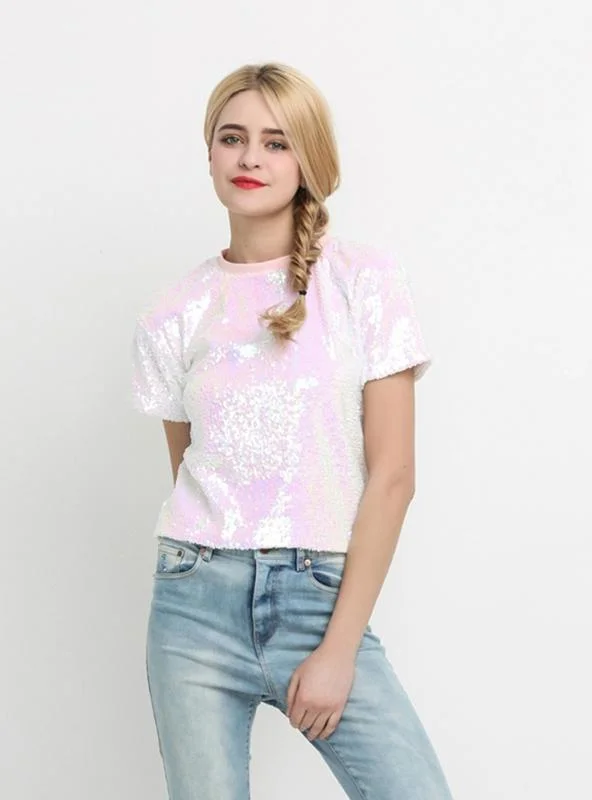 SLEEVE SOLID PINK SEQUINED LADY TOP O-NECK