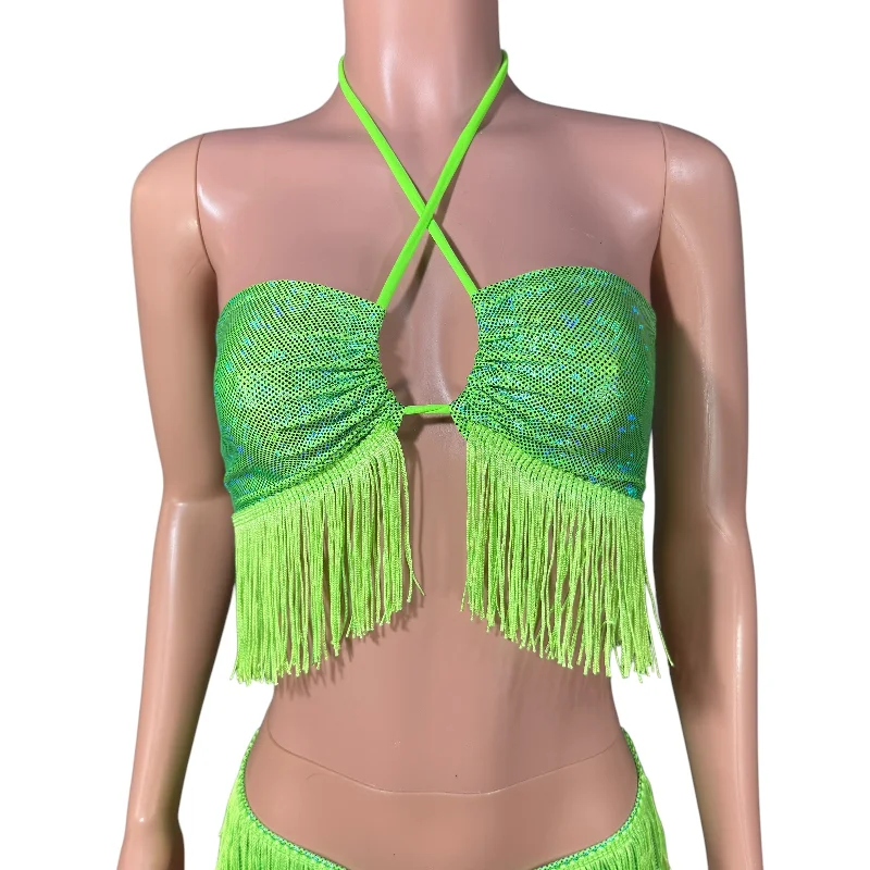 Lime Holographic Fringe X-String Bikini Top