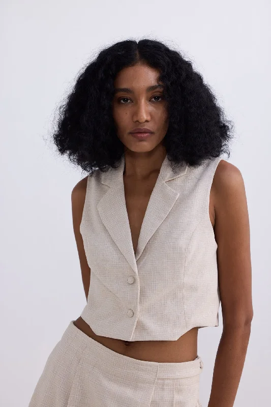 Cropped Cotton Tweed Vest in Cream