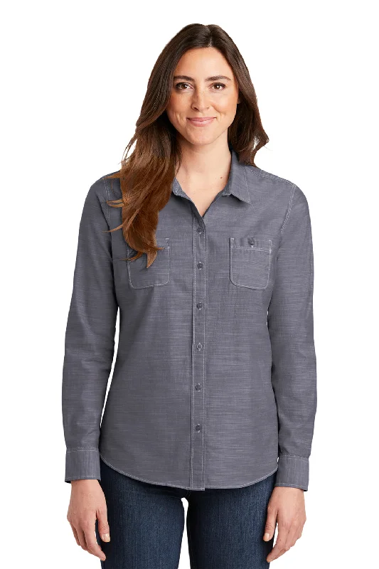 Port Authority Womens Slub Chambray Long Sleeve Button Down Shirt w/ Double Pockets - True Navy Blue - Closeout