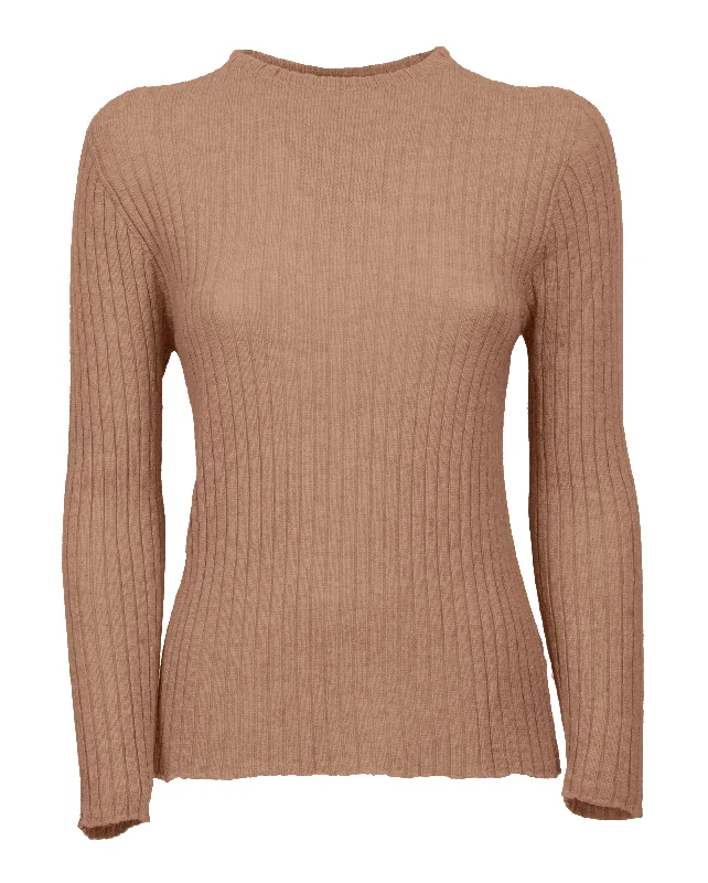 NEW FALL 24 - Women's Cashmere Vertical Rib Crew Neck Sweater Camel by Monticelli Cashmere