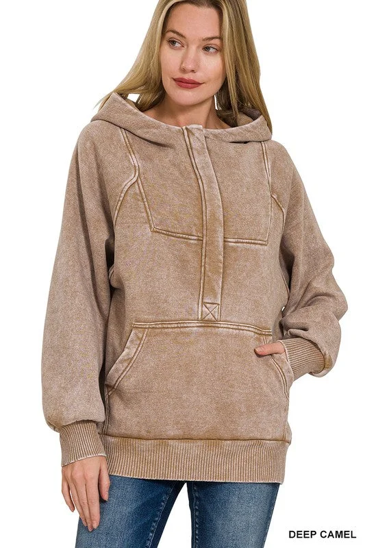 ALLIE ACID WASH FLEECE OVERSIZED 1/4 ZIP KANGAROO HOODIE