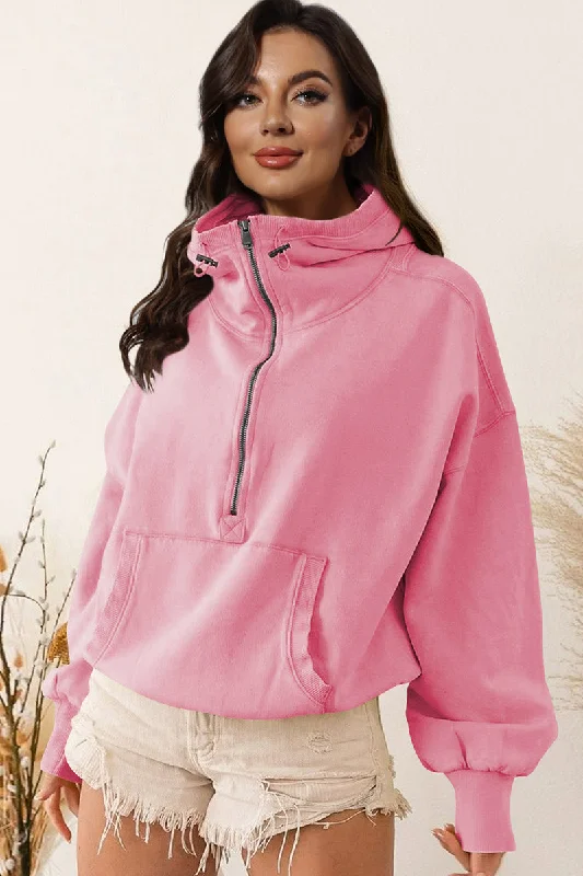 Half Zip Drop Shoulder Pullover Hoodie