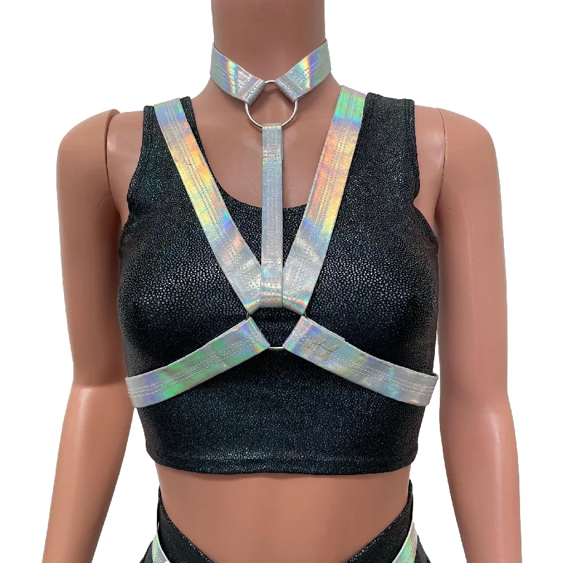 Cage Bra Harness Top in Opal Holographic | Rave Body Chest Harness w/ Choker