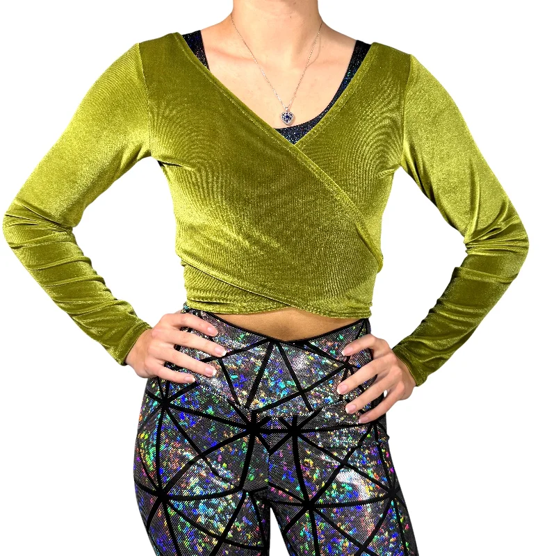 Long Sleeve Crop Wrap Top - Olive Green Velvet