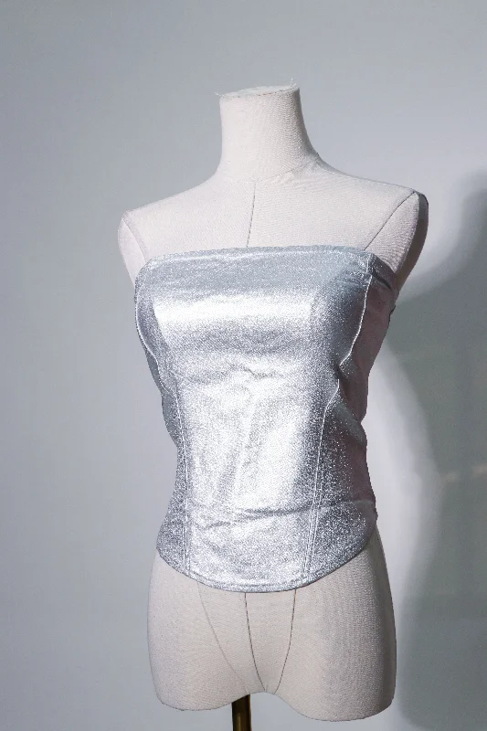 Silver shimmery metallic strapless top with non slip sticky silicon