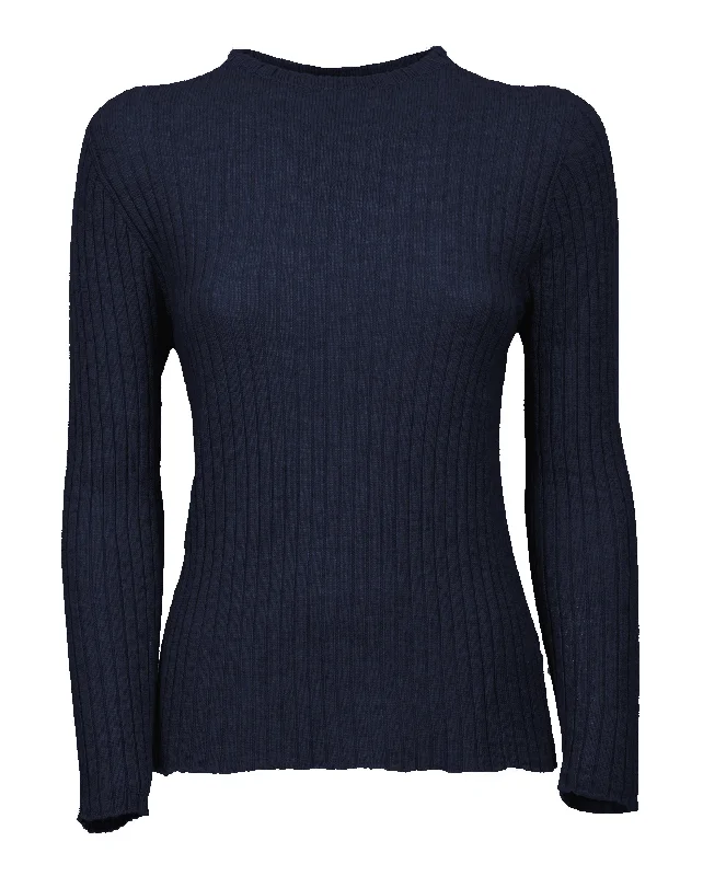 NEW FALL 24 - Women's Cashmere Vertical Rib Crew Neck Sweater Night Blue by Monticelli Cashmere